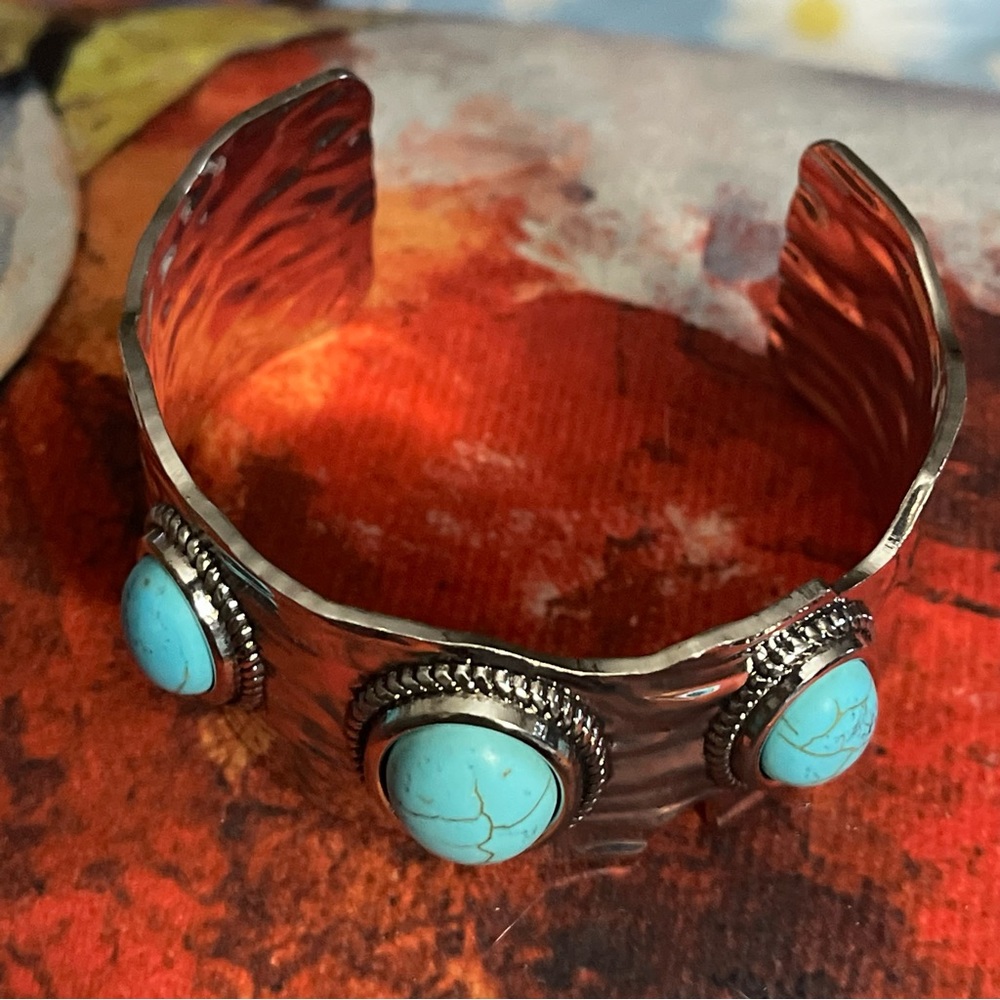 New Handmade Western Sterling Silver Signed Natural Turquoise Bangle Bracelet - Picture 4 of 12